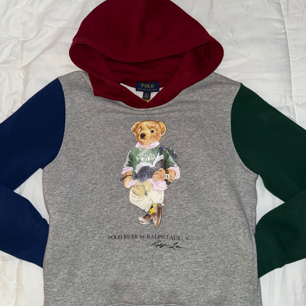 Polo Bear by Ralph Lauren Gray Hoodie w/Front Pocket Green & Navy Sleeve.